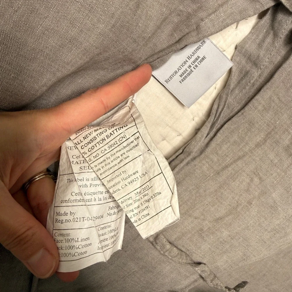 Restoration Hardware Quilted Linen Pillow Sham King Taupe Grey Hand Stitched Tie